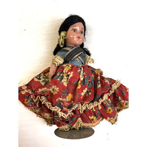 Vintage Hispanic Ethnic Doll 9" Dark Skin Black Hair Red Dress Missing Leg